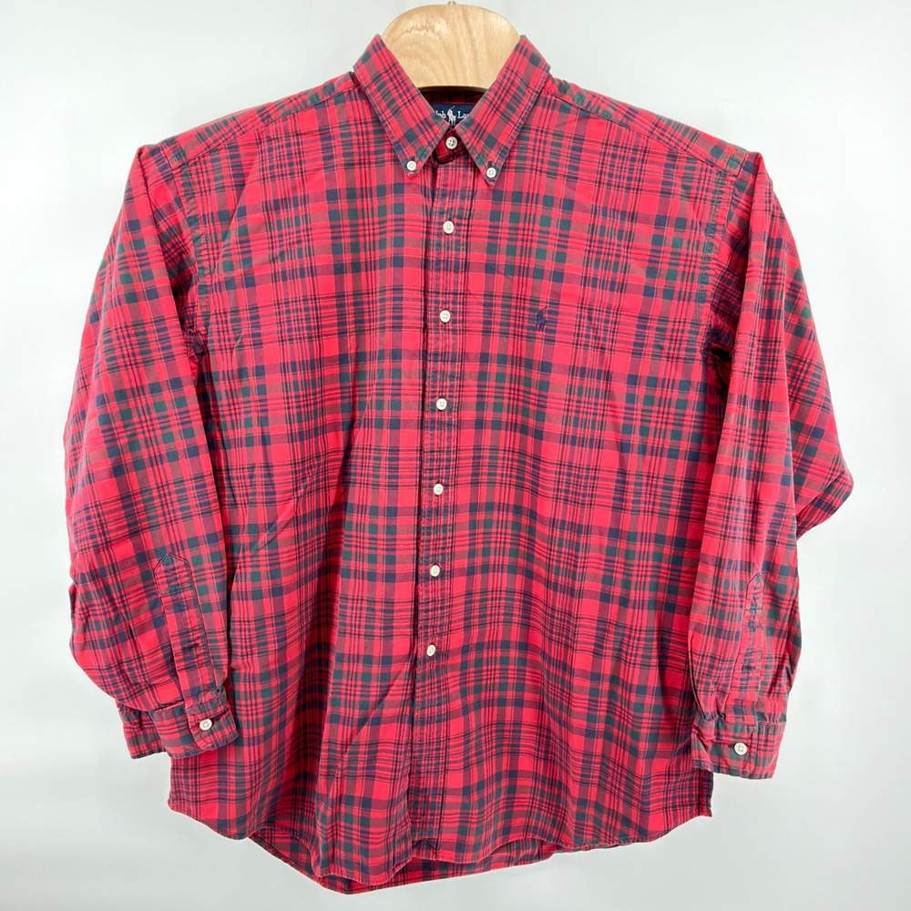 Ralph Lauren Button Front Shirt Mens XL Red Navy Green Plaid Blake Cotton